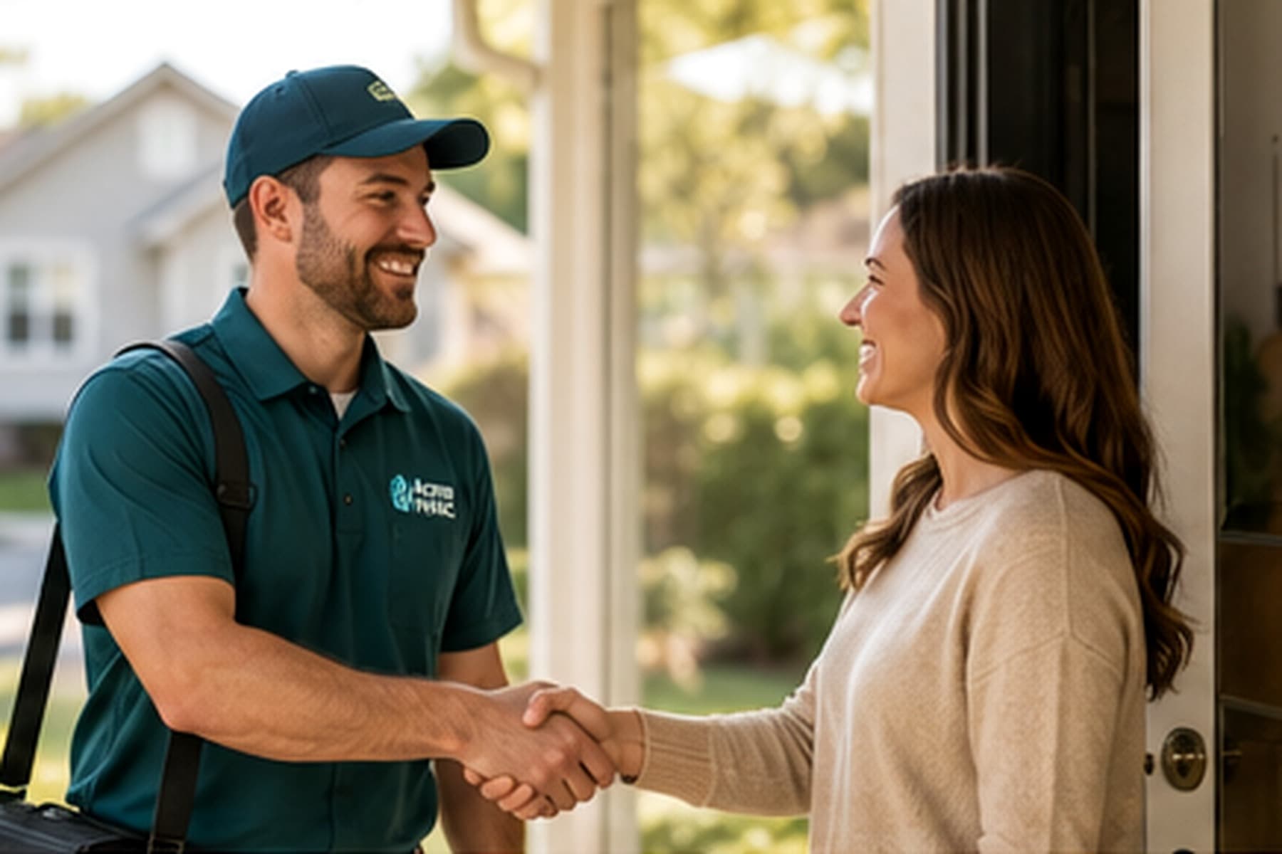 A Truth HVAC technician greeting a homeowner at their front door